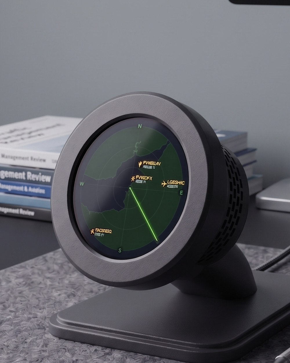 DesktopRadar on a desk: a round glass face in a machined-looking bezel, on a low black stand.