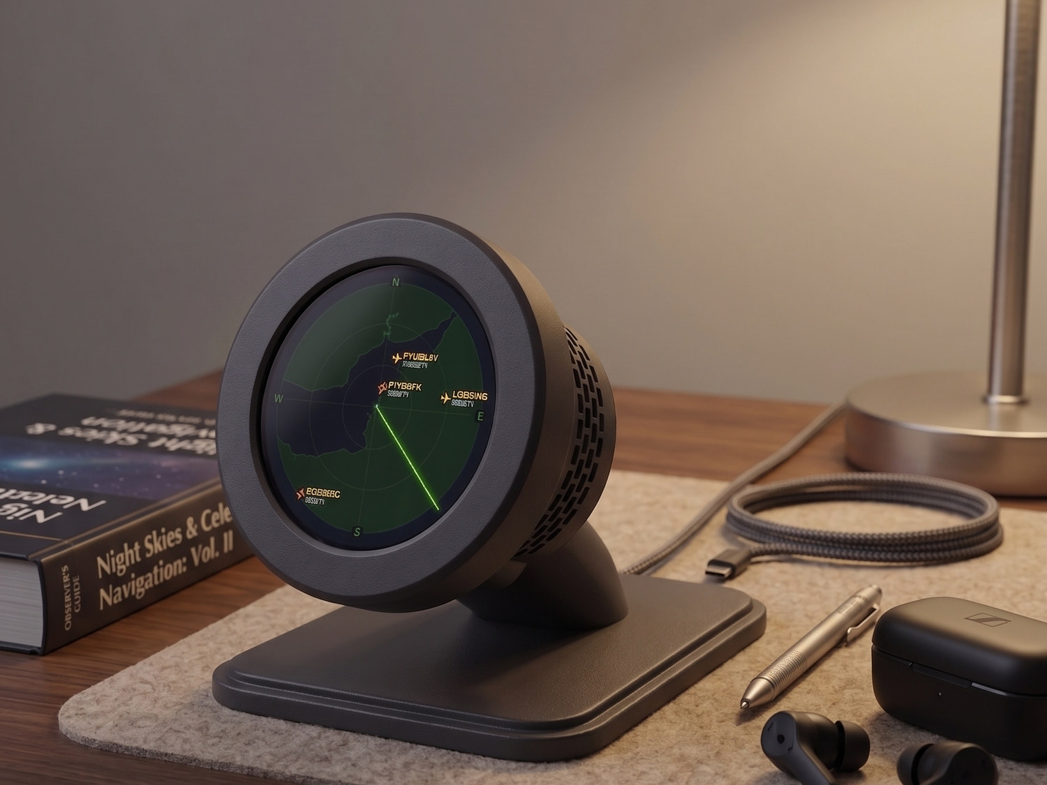 DesktopRadar on a bedside table beside a lamp, glowing in a dim room.